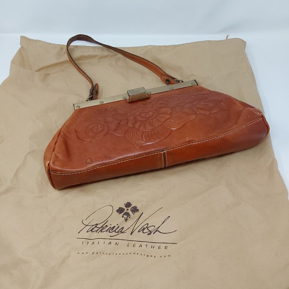 Patricia Nash Italian Leather Kiss Lock Clutch Brown Floral Embossed Vintage